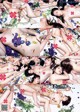 A group of naked women laying on top of a bed of flowers.