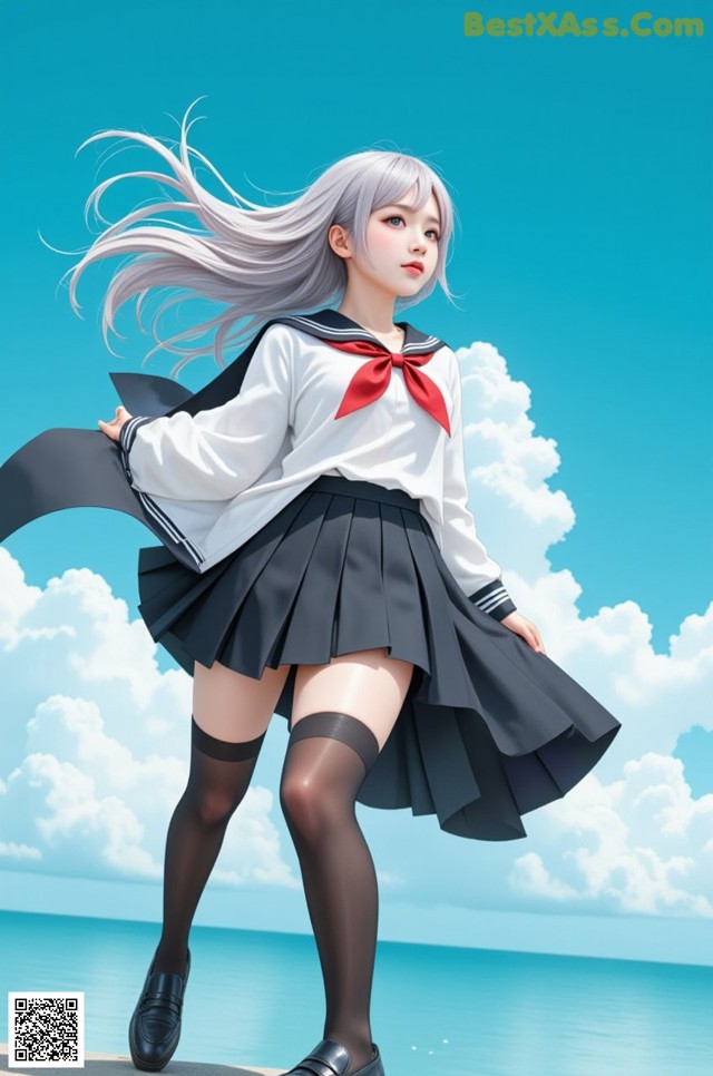 A girl in a school uniform is standing on the beach.